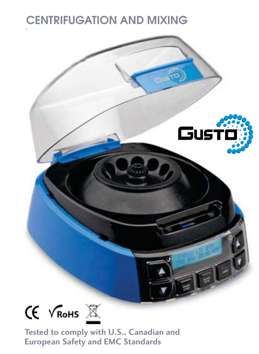 Gusto High Speed Mini Centrifuge with Timer and Speed Control, 500 to 2500 RPM, 100 - 240 VAC, 50 - 60 Hz, Universal Plug, Blue